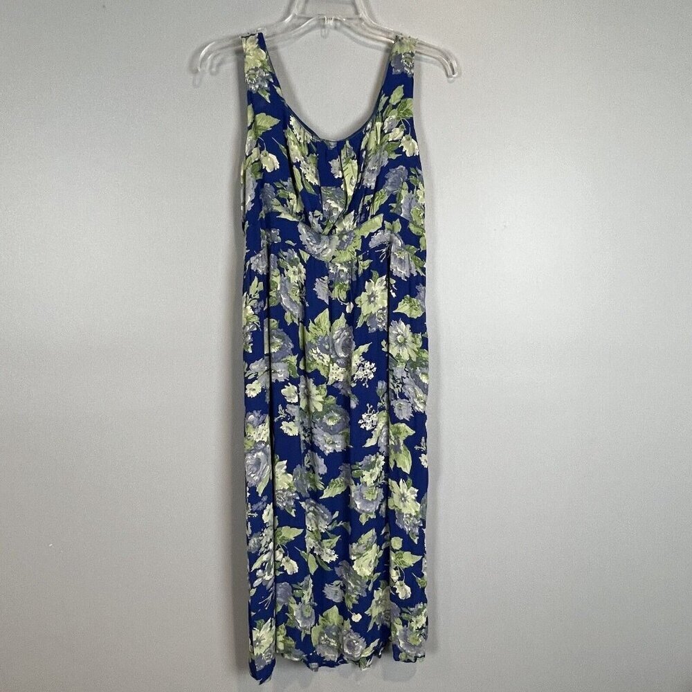April Cornell Floral Summer Dress Womens XS Blue Green Rayon Pleated Has Pockets